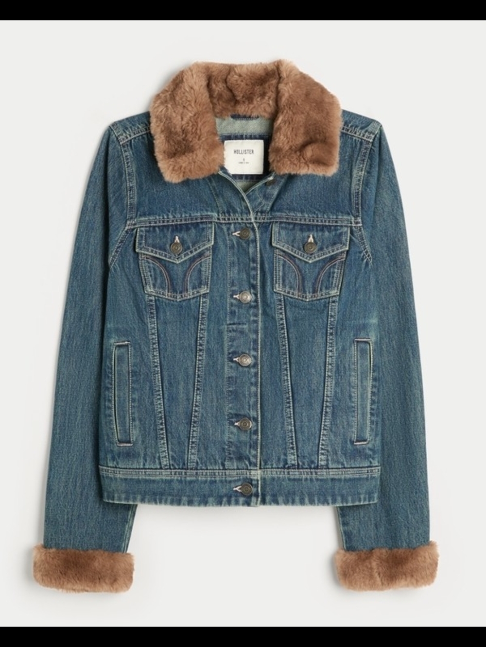 Hollister Blue Denim Jacket with Tan Faux Fur Collar & Cuffs NWOT SIZE XL